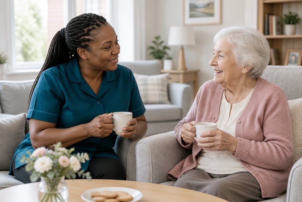 A care assistant sharing tea with a resident